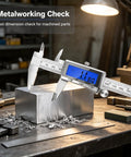 6 Inch Rechargeable Digital Caliper with Backlit LCD USB C Charging Stainless Steel Measuring Tool 0 to 150 mm Inch Millimeter Switch measuring metal block.