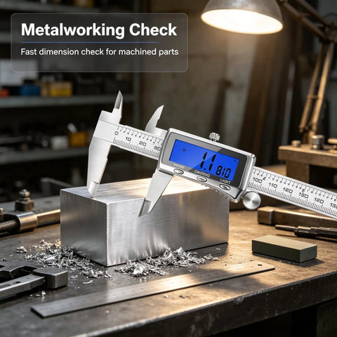 6 Inch Rechargeable Digital Caliper with Backlit LCD USB C Charging Stainless Steel Measuring Tool 0 to 150 mm Inch Millimeter Switch measuring metal block.