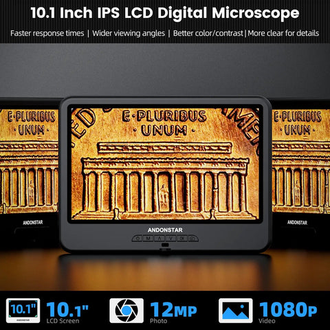 Boss Level Digital Microscope With 10.1 Inch Screen For Soldering Electronics Repair Coin Grading And DIY Micro Work 1080p Video 12MP Photos Wide View Fast Response; 10.1-inch LCD showing coin detail