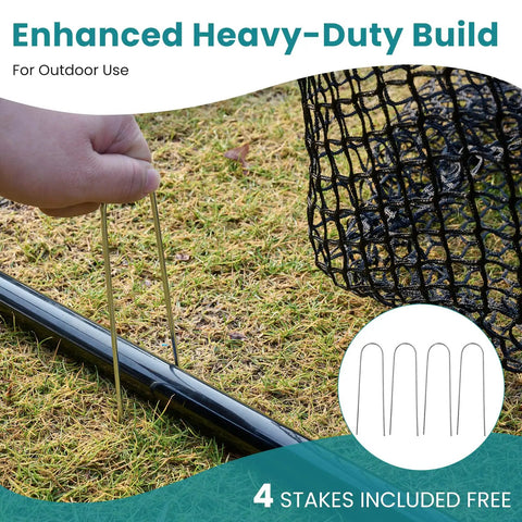 Person installing Backyard Golf Net 10x7 Ft With Frame For Indoor And Outdoor Practice, easy setup with stakes on grass.