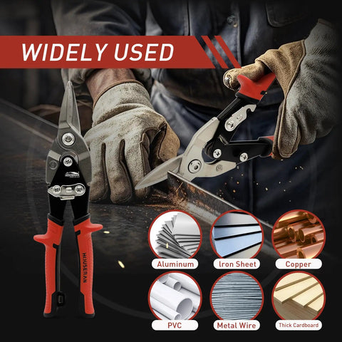 Aviation Tin Snips 10 Inch Heavy Duty Straight Cut Metal Cutter With Double Lever CRMO Steel Blades in use cutting metal sheet.