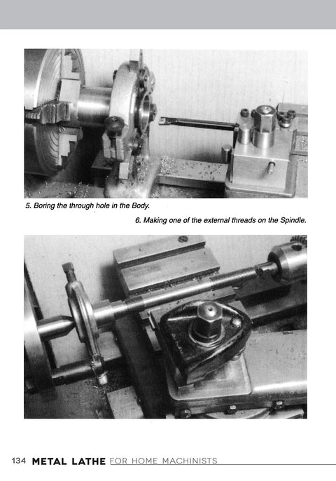 Book: Metal Lathe for Home Machinists, two-panel black-and-white photos of a lathe with chuck and toolpost