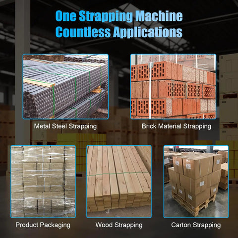 Pro Electric Strapping Machine For One Half To Five Eight Inch Pet Straps used for metal and brick material strapping in warehouse.