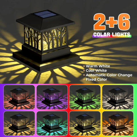 12 Pack Solar Post Cap Lights For 4x4 Or 6x6 Wood Posts, Outdoor Fence Post Caps For Deck Patio Garden, Warm White SMD LED, Auto On At Dusk, High Brightness, Waterproof, No Fuss Easy Install shown in color light modes.