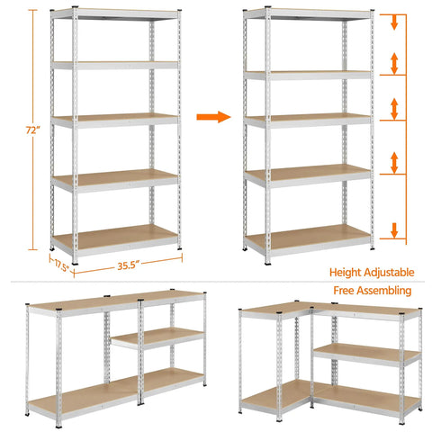 Badass 5 Tier Metal Storage Shelving Unit Heavy Duty Steel Rack With Rock Solid MDF Shelves Silver Color Super Tough Organizer For Garage Closet Home Use 72 Inch Height Nuke Clutter With Game Changing Storage Power