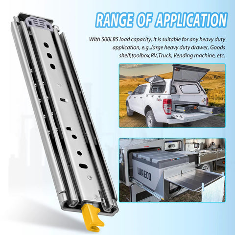 Heavy Duty Drawer Slides With Lock And Full Extension Ball Bearing Rails Side Mount 500 Lb Capacity installed in RVs and trucks