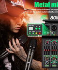 Close-up of woman using 4 Channel Audio Mixer With Dual Wireless Microphones Bluetooth MP3 USB Interface 48V Phantom Power