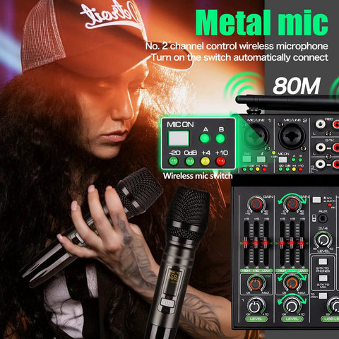 Close-up of woman using 4 Channel Audio Mixer With Dual Wireless Microphones Bluetooth MP3 USB Interface 48V Phantom Power
