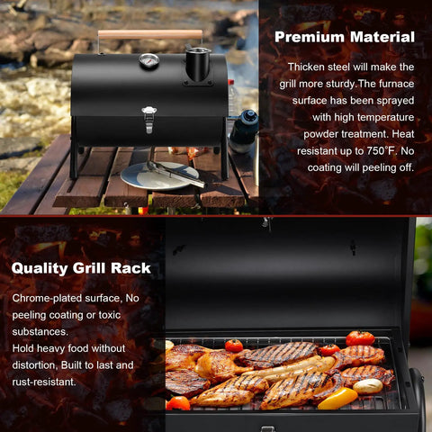 Portable Charcoal Grill With Thermometer, Tabletop BBQ Grill for Camping and Backyard Parties, with food grilling inside