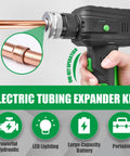 Pro Super Stars Electric Tubing Expander Swaging Tool Kit W 2200mAh Battery powered with copper pipe attachment for easy HVAC work.