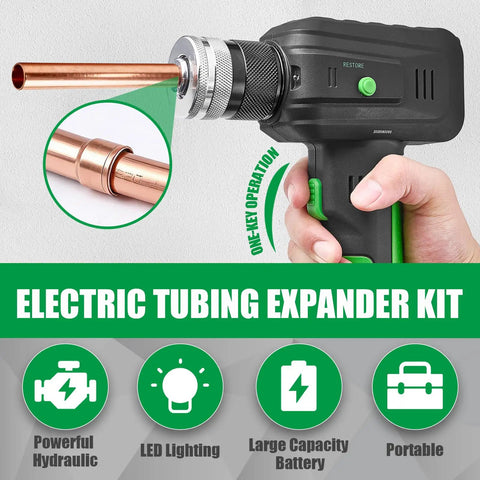 Pro Super Stars Electric Tubing Expander Swaging Tool Kit W 2200mAh Battery powered with copper pipe attachment for easy HVAC work.