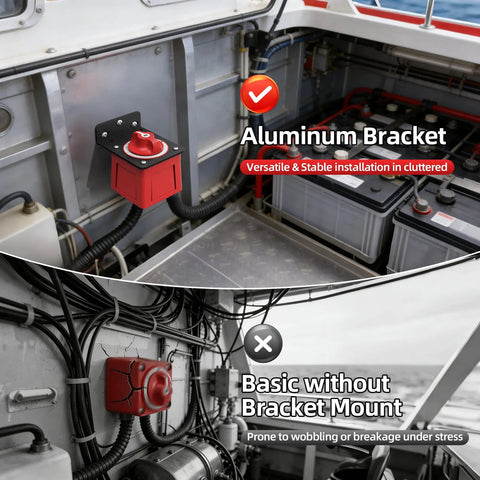 Beefed Up Battery Switch With Heavy Duty Aluminum Bracket For Boats And RVs, shown installed in engine room vs. basic mount.