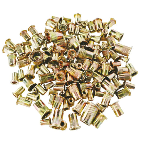 Heavy Duty M6 Rivet Nut Kit 100 Pcs Rivnuts Set For Metalworking, carbon steel flat head threaded inserts, scattered view.