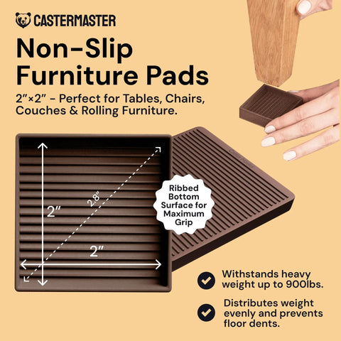 Close-up of a brown 2x2 non-slip furniture pad with ribbed grip, shown under a furniture leg, from a set of 4 for hardwood, vinyl, and tile floors.