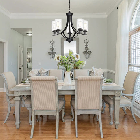 Dining room with 5 Lights Traditional Chandelier Black Farmhouse Pendant Ceiling Light Fixture With Seeded Glass Shades