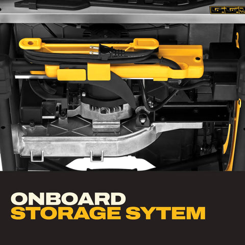 Heavy Hitter 10 Inch Contractor Table Saw With Durable Rolling Stand And Precision Rack Pinion Fence System For No Fuss Assembly and effort organized onboard storage system.