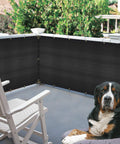 Balcony Privacy Screen Cover 3.5 Ft by 16.5 Ft installed on a porch with a dog sitting, outdoor privacy screen for deck patio backyard.