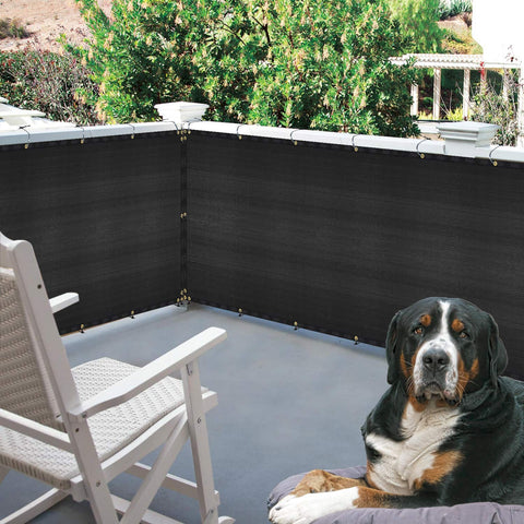Balcony Privacy Screen Cover 3.5 Ft by 16.5 Ft installed on a porch with a dog sitting, outdoor privacy screen for deck patio backyard.