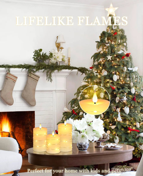 Flameless LED Candles With Remote And Timer Battery Operated Set Of 3 In 4 Inch 5 Inch And 6 Inch Heights With Flickering Light on a table in holiday decor