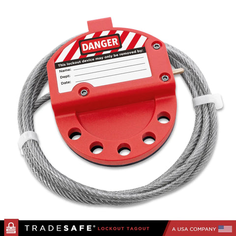 6 Foot Adjustable Lockout Cable With Vinyl Coating Stainless Steel 5/32 Inch Cable for LOTO displayed with red safety tag