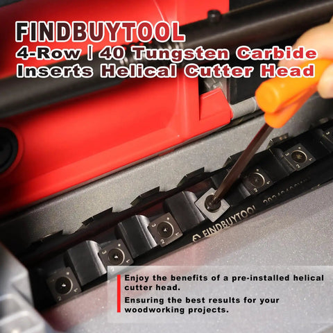 Heavy Duty 13 Inch Benchtop Wood Thickness Planer With Slick Helical Spiral Cutterhead And 120V 15Amp Motor For Fast Stock Removal close-up of tungsten carbide cutter head during installation.