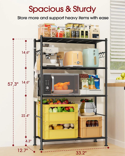 Kick Clutter Out With These Four Tier Storage Shelves Packing Six Tough As Nails Hooks And Self Leveling Feet No Sweat Assembly Rust Proof Steel Organizer Rack For Garage Kitchen Bedroom Black, holding kitchen appliances and containers.