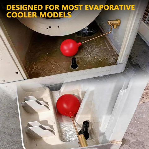 Beefy One Quarter Inch Brass Float Valve For Evaporative Cooler Built Tough Heavy Duty Leak Proof With Three Inch Polyethylene Float And Mushroom Silicone Seal For Long Lasting Performance In Harsh Water Conditions installed in cooler reservoir