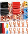 Battery Cable End Lugs 130 Pcs Copper Ring Terminals and Heat Shrink Connectors for AWG 2 4 6 8 10 12 14 16 Gauge Durable High Conductivity Terminal Kit