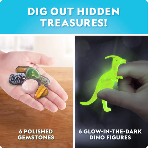 Hand showing polished gemstones next to hand holding glow-in-the-dark dinosaur figure from Eggscavation Easter Dig Kit With 12 Dig Bricks