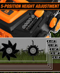 Close-up of 2-In-1 Electric Dethatcher And Scarifier with height adjustment dial, part of 15-Inch Clearing Path, 13-Amp Motor.