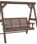 Three Seat Outdoor Porch Swing With Stand And Side Tables, Wooden Patio Swing Bench With Steel Chains, Durable Carbonized Brown Finish