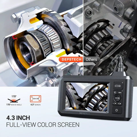 5.5mm Ultra Slim Industrial Endoscope with 1080P Borescope Camera and 4.3 Inch Screen displaying machinery internals