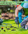 Gardener installing 250 Piece Quarter Inch Drip Irrigation Fittings Kit With Barbed Connectors Nozzles Tees Elbows Crosses And Plugs