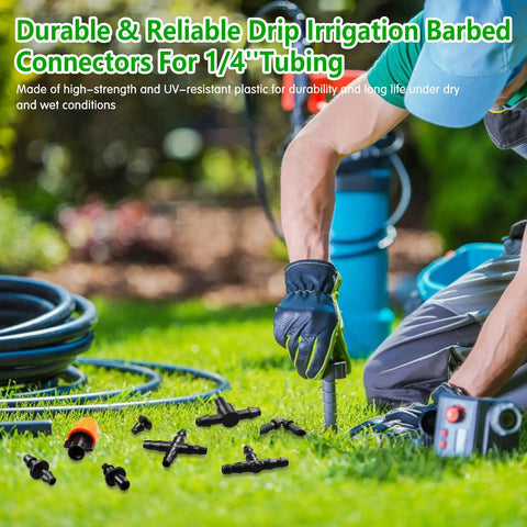 Gardener installing 250 Piece Quarter Inch Drip Irrigation Fittings Kit With Barbed Connectors Nozzles Tees Elbows Crosses And Plugs