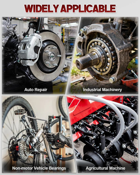 Clatoon 21-in-1 bearing puller kit collage used in auto repair, industrial machinery, bicycles, and agricultural machines.