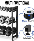 Heavy Duty 3 Tier Dumbbell Rack For Home Gym Featuring Adjustable Width Shelves Holds Up To 390 Pounds showing adjustable feet and tube.