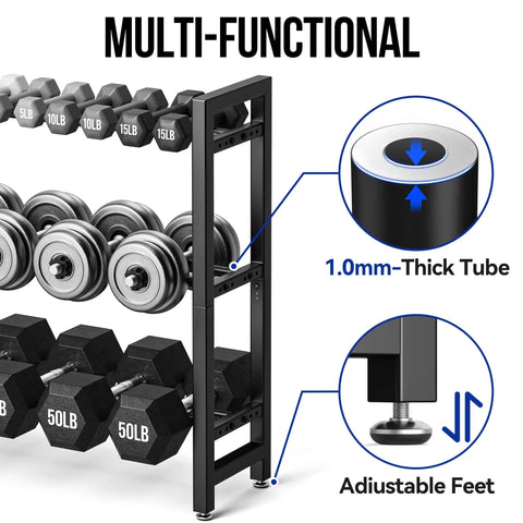 Heavy Duty 3 Tier Dumbbell Rack For Home Gym Featuring Adjustable Width Shelves Holds Up To 390 Pounds showing adjustable feet and tube.