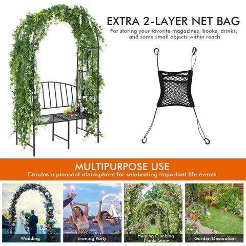 81 Inch Garden Arch With Bench Outdoor Arbor Trellis For Climbing Plants And Vines Two Seat Bench Supports Up To 660 Lbs Ideal Patio Pergola For Weddings Parties And Scenic Garden Entry Decor, image showing a black steel arch with a bench covered in climbing plants and net bag