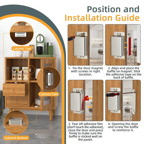 Installation guide showing Magnetic Cabinet Latch 4 Pack That Grips Up To 30 Lbs Stainless Steel Door Closures for cabinets.