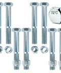 8 Pack Grade 2 Beefy Shear Bolts With Nylock Nuts For Rotary Cutters And Tractors One Half Inch By Thirteen Pitch Three And One Half Inch Length Half Thread Heavy Duty Fasteners in silver finish shown with bolts and nuts arranged in a pattern.