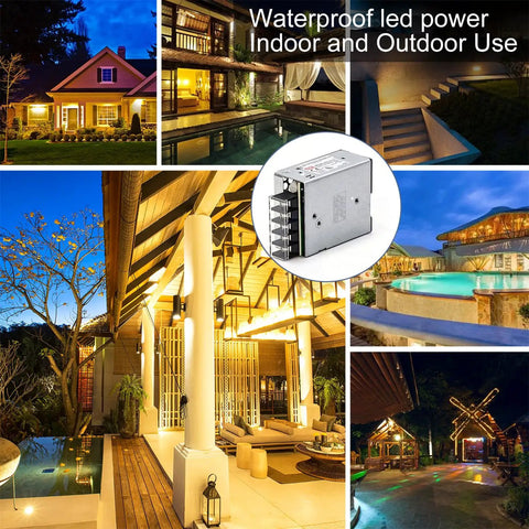 Top Shelf Industrial Switch Mode Power Supply 15W 12V 1.2A used for outdoor LED lighting in various illuminated settings.