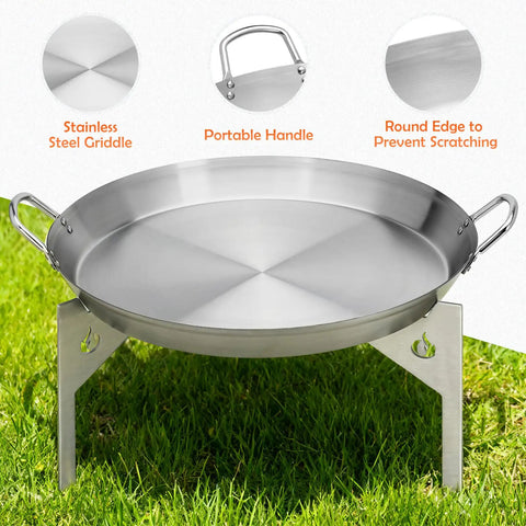 Stainless Steel Grill Cookware For Solo Stove Bonfire 19.5 Inch Fire Pit Portable Round Grilling Pan With Legs, handles visible