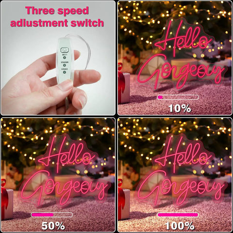 Hello Gorgeous Pink LED Neon Sign For Bedroom And Parties with adjustment switch display, customizable neon light decor images.