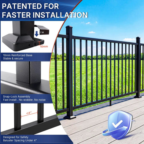 Built Tough 36 Inch Height By 12 Foot Width Modular Aluminum Porch And Deck Railing Kit With Rust Free Coating and Easy Install for Backyard Deck Upgrades showing reinforced base and snap-lock assembly.