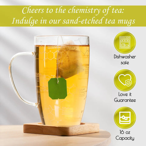 Chemistry Glass Tea Cups Set Of 2 18 Oz Beaker Mugs With Tea Molecule Etchings on a wooden coaster