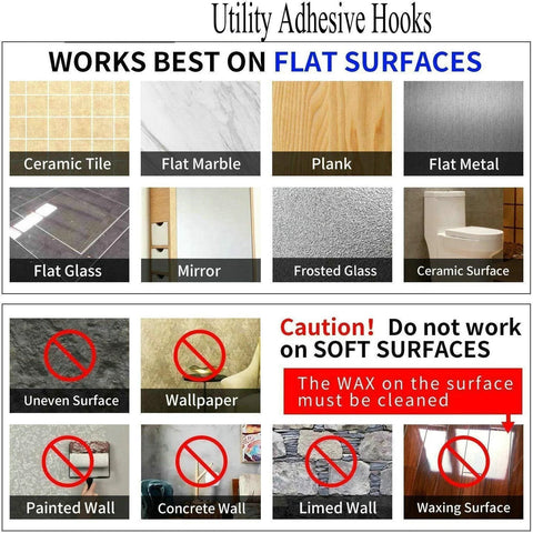 Surface compatibility chart for Heavy Duty Self Adhesive Hooks 33Lb Max Transparent Waterproof Wall Hooks.