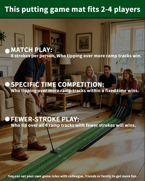 Indoor Putting Green Mat For Home Office Backyard Practice With Uphill Putts And Auto Ball Return being used by a family
