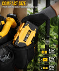 Worker placing 49 Piece S2 Steel Screwdriver Bit Set With Magnetic Driver in tool bag, compact ergonomic case visible.