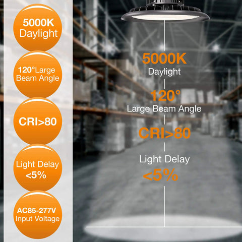 LED High Bay Light 150W Hella Bright 21,000 Lumens 5000K Daylight Equivalent To 600W HID HPS US Plug 5 Ft Cable showing features