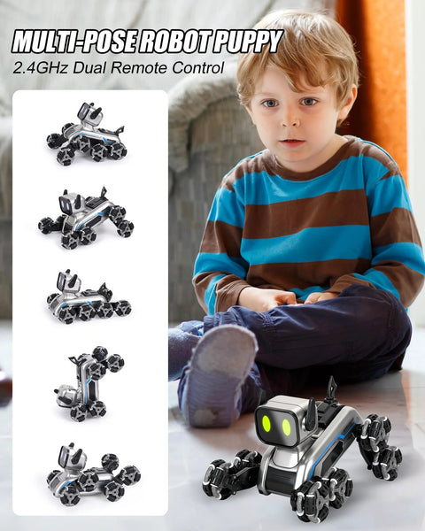 HuiJuKeJi RC robot dog toy with silver/black body, LED eyes and mecanum wheels, front view